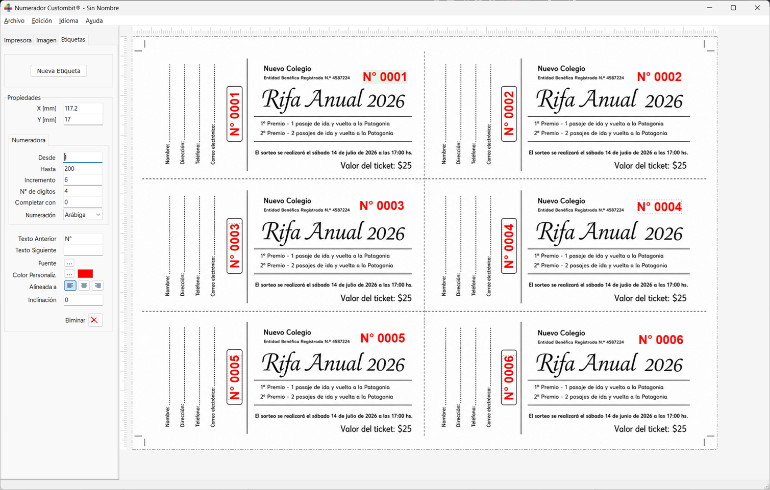 Numeración secuencial de rifas con etiquetas numeradoras